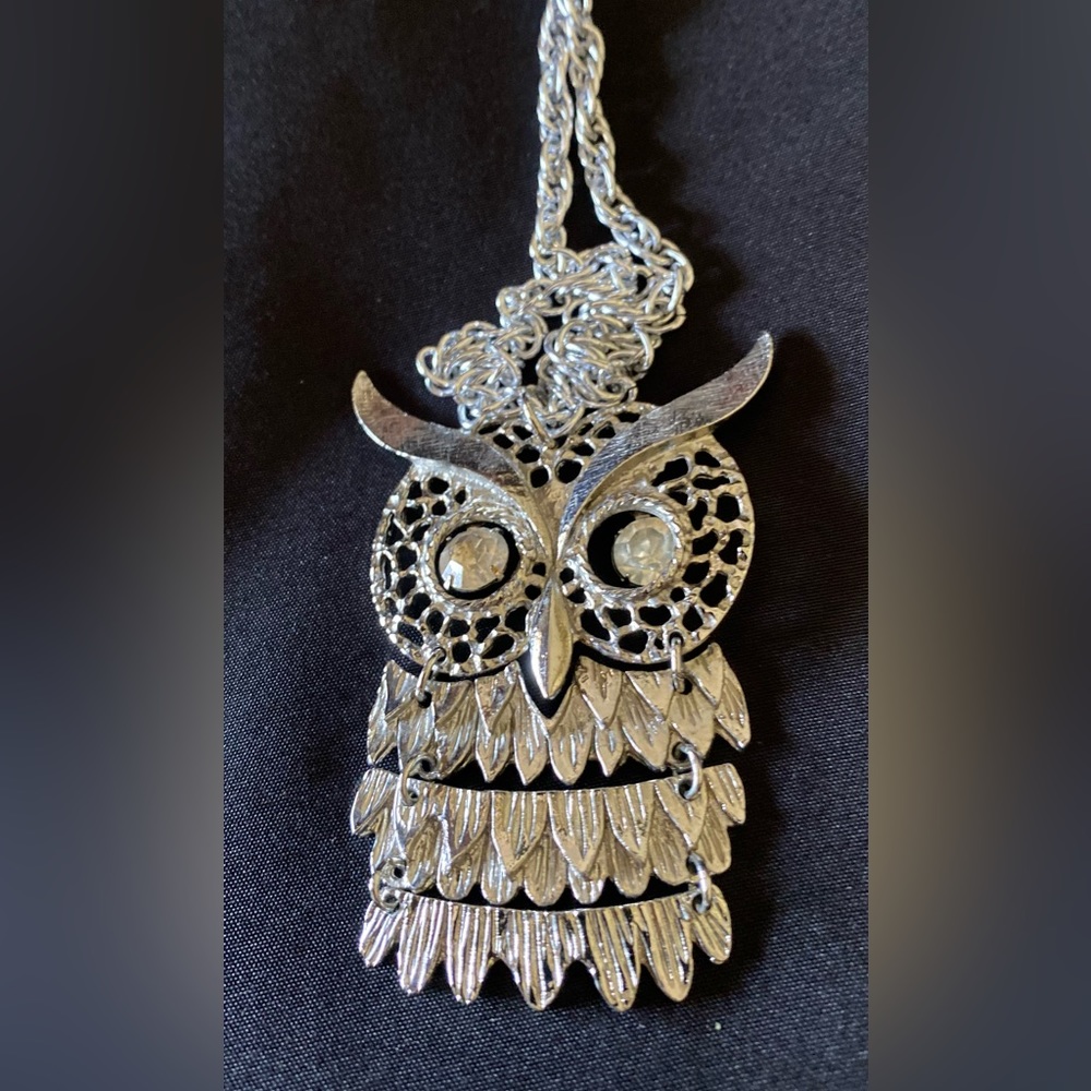 Articulated Silvertone Owl Necklace With Crystal Eyes Vintage Statement Piece